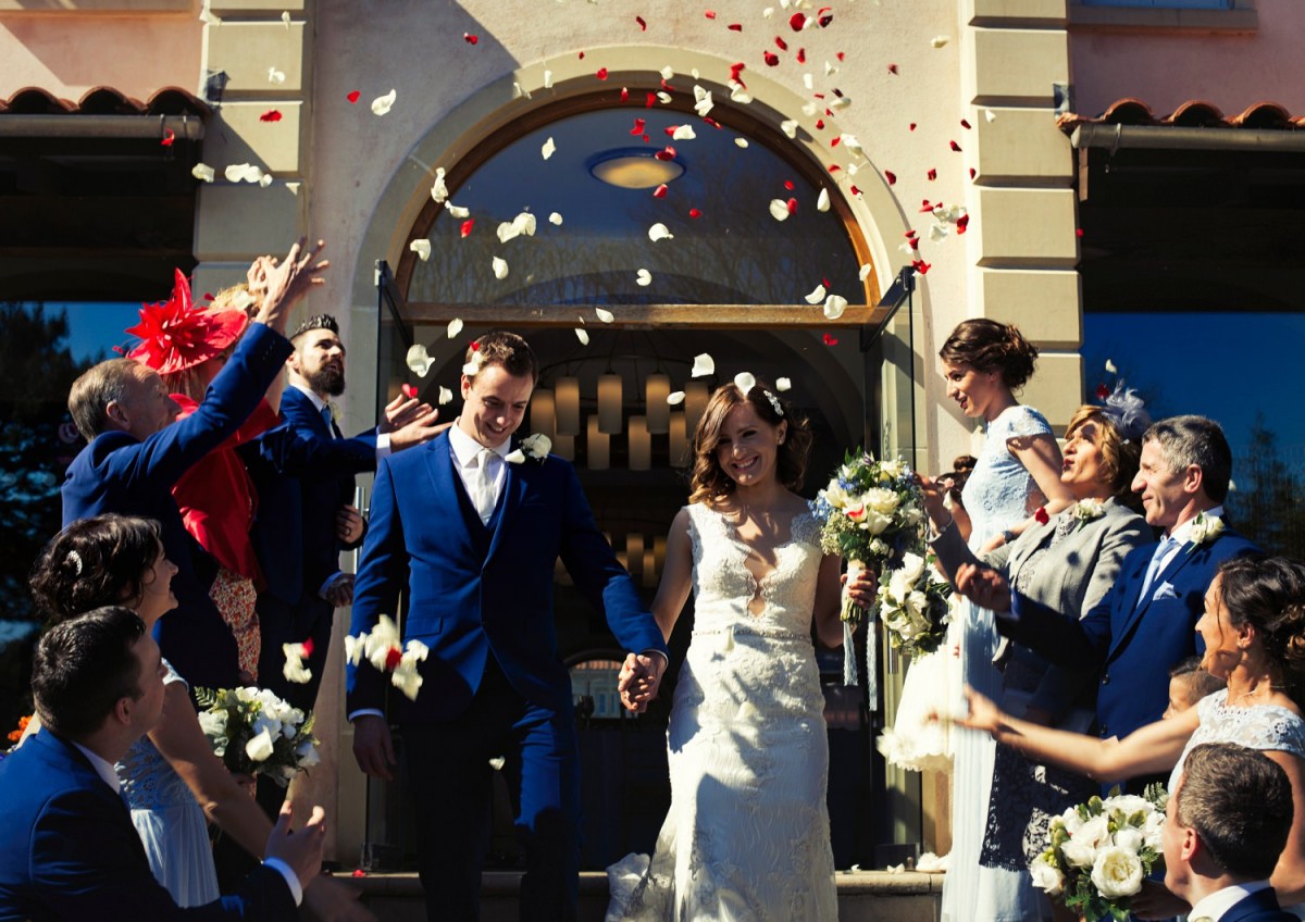 confetti on stairs of Italian villa