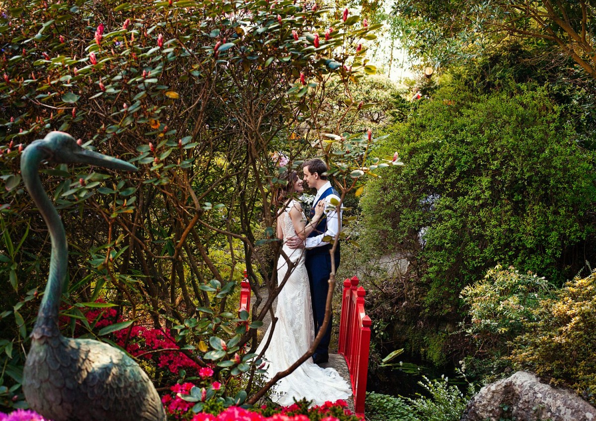 on bridge in japanese garden