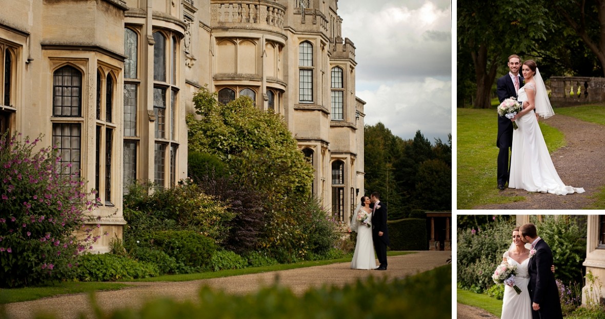 The bride and groom walk around Rushton Hall